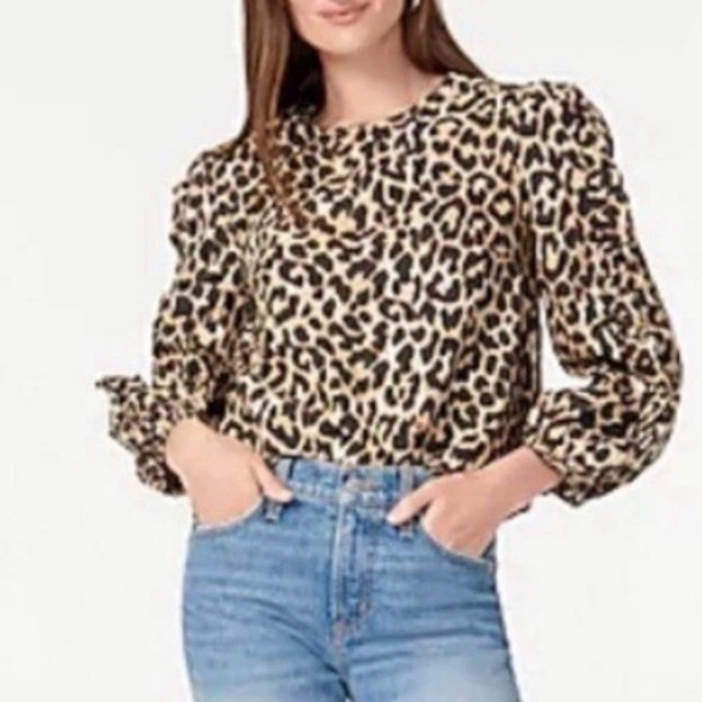 J crew cotton poplin leopard print ruffle long sleeve top size xs